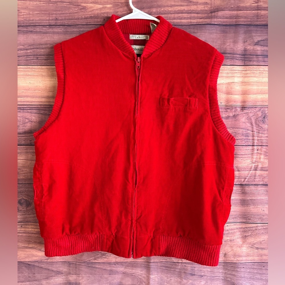 St Johns Bay Mens Red Corduroy Vest Flannel Lined Large Vintage Full Zip Gilet